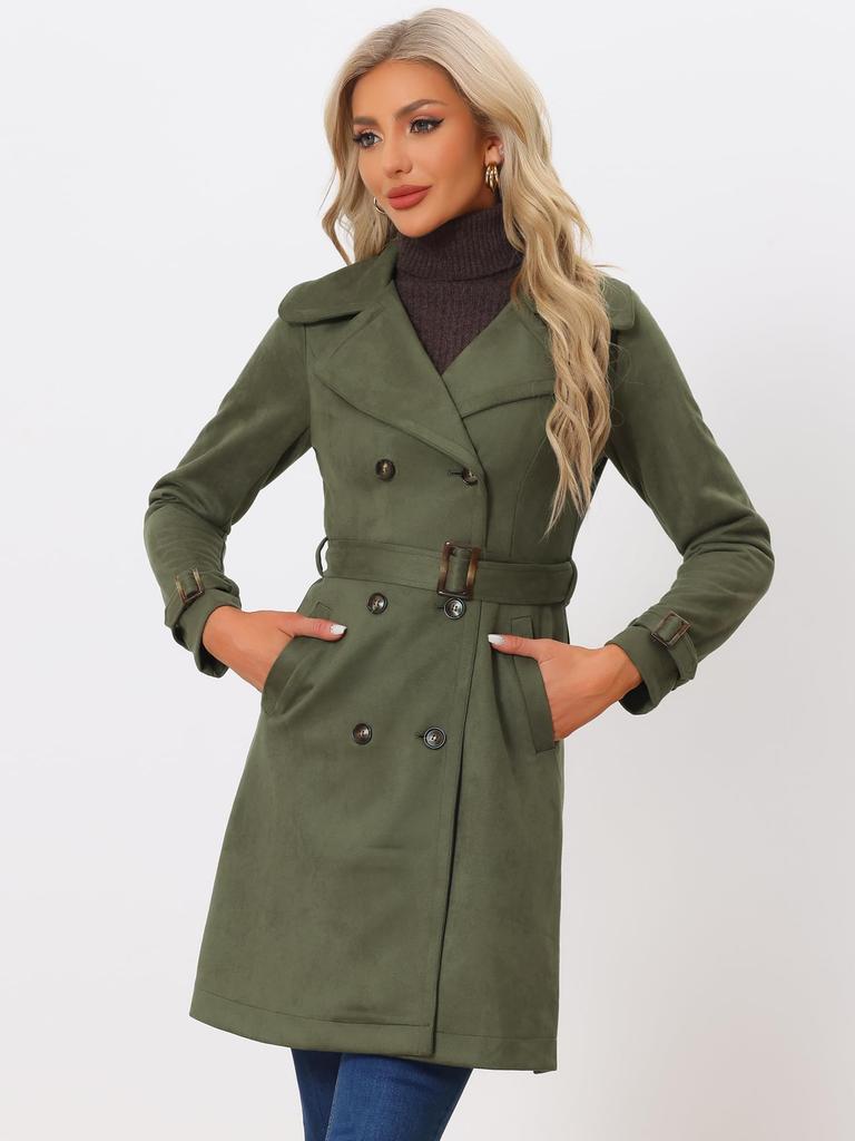 Allegra K Women's Double-Breasted Faux Suede Trench Coat with Belt, Notch Lapel, Army Green, Size XL