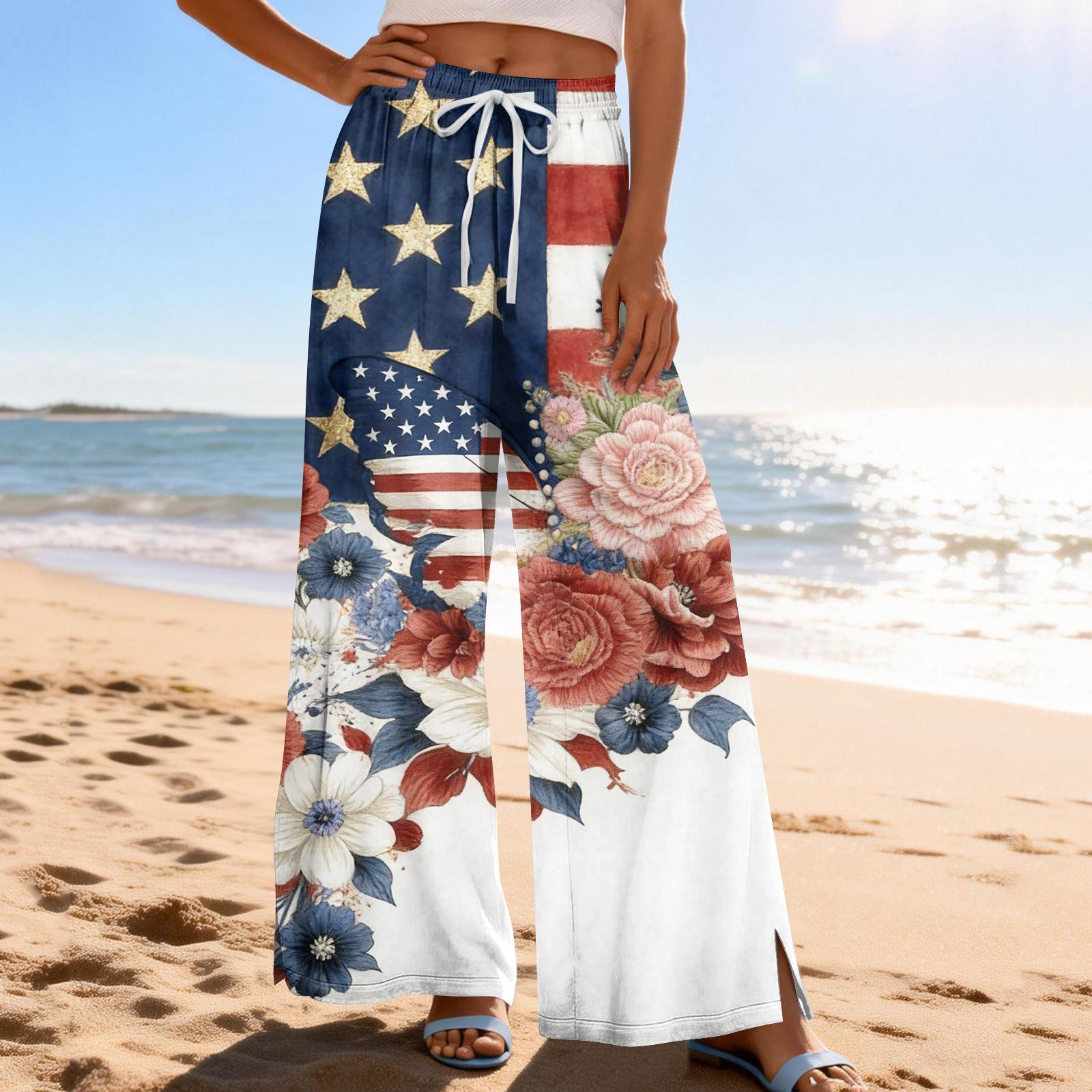 

Women Summer Boho Palazzo Pants High Waist Wide Leg Printing Casual Trousers With Pockets XL Темно-синій