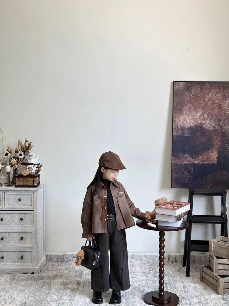 Girls' 2024 Autumn/Winter Sweet Retro Leather Jacket & Sweater Set with Wide-Leg Pants