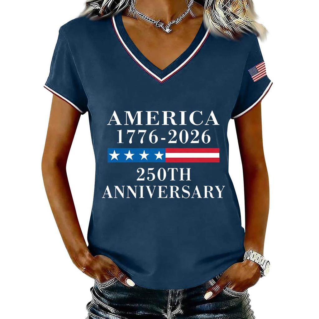 Damen Casual V-Ausschnitt Kurzarm Pullover T-Shirt 250. Jahrestag Druck Top für Unabhängigkeitstag Feier Sommerkleidung