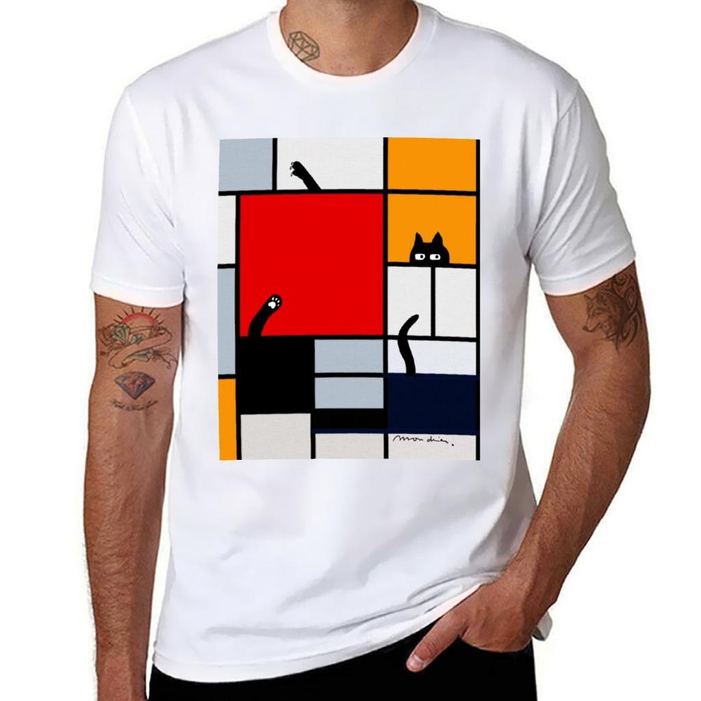 mondrian painting plus cat TShirt Work Daily Short Sleeve Top TShirt