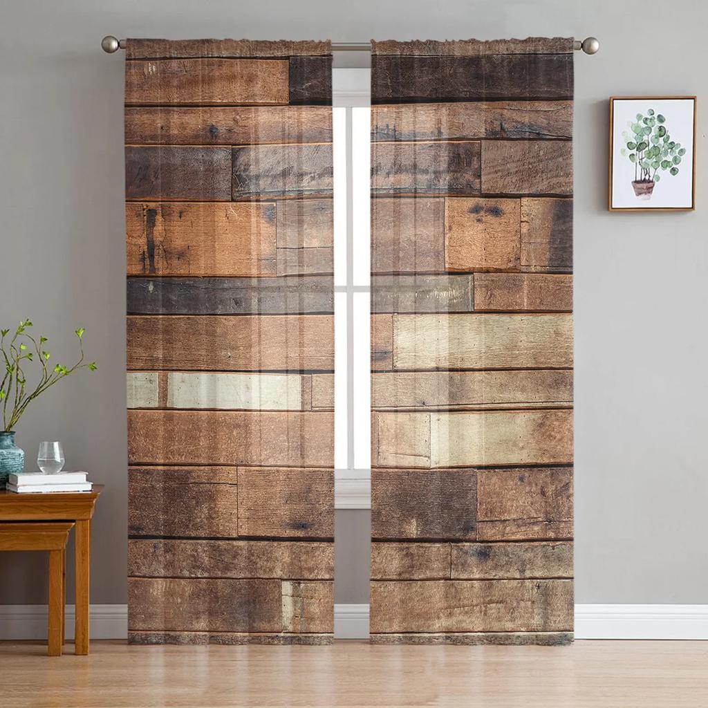 Tüllvorhänge mit Holzplankenstruktur für Wohnzimmer, bedruckt, durchsichtiger Voile-Vorhang, Schlafzimmer, Fenster, Sichtschutz, Jalousien, Heimdekoration
