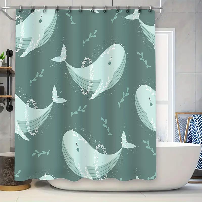 

Whimsical Whale Shower Curtain Set Green Bath Decor With Seashell Print For Kids Bathroom W60H190(CM)-1 Pcs