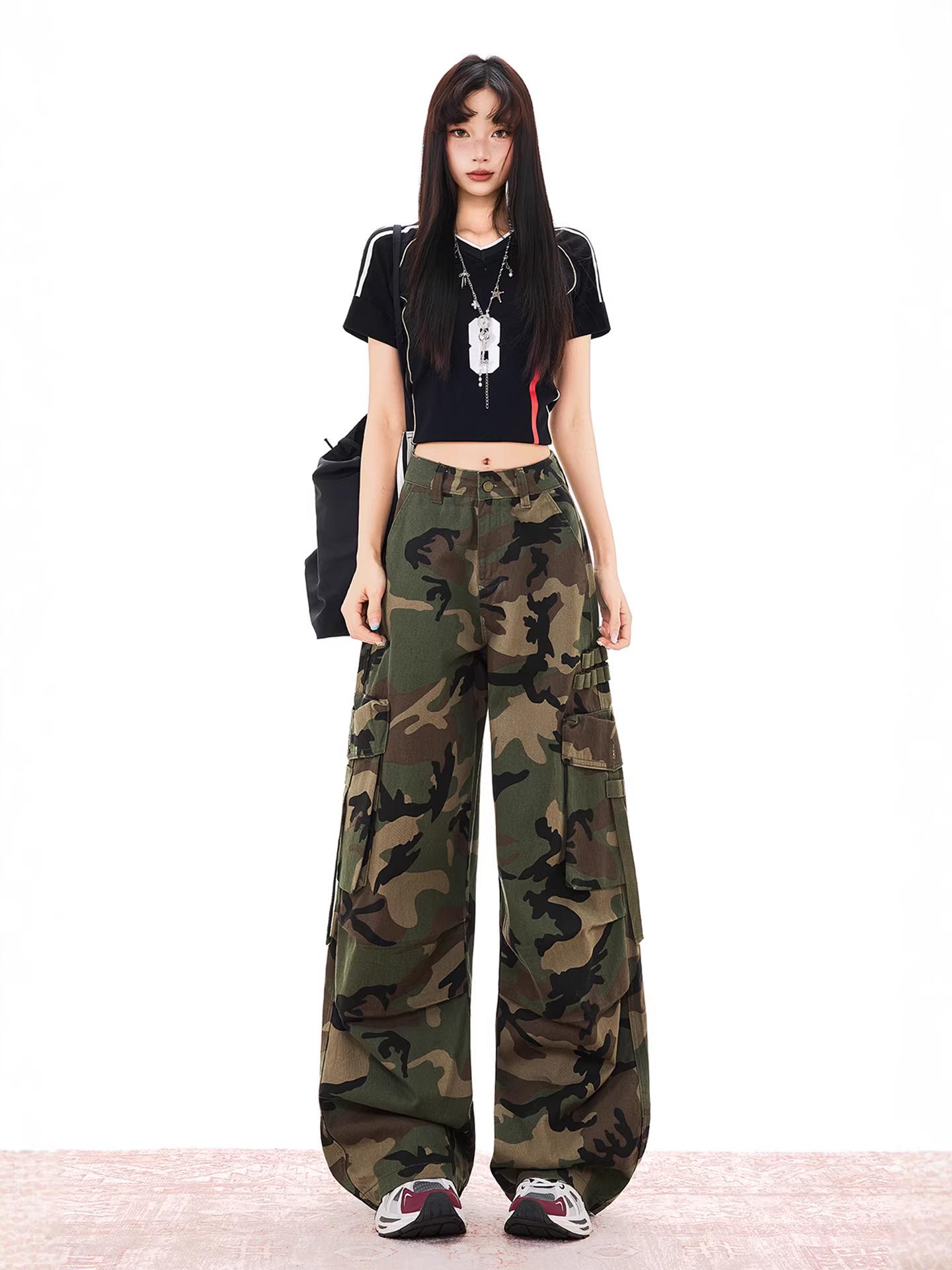 

Women s Camouflage High-Waist Wide-Leg Jeans for Spring 2026 - Loose, Floor-Length, Casual American Style Extra Small