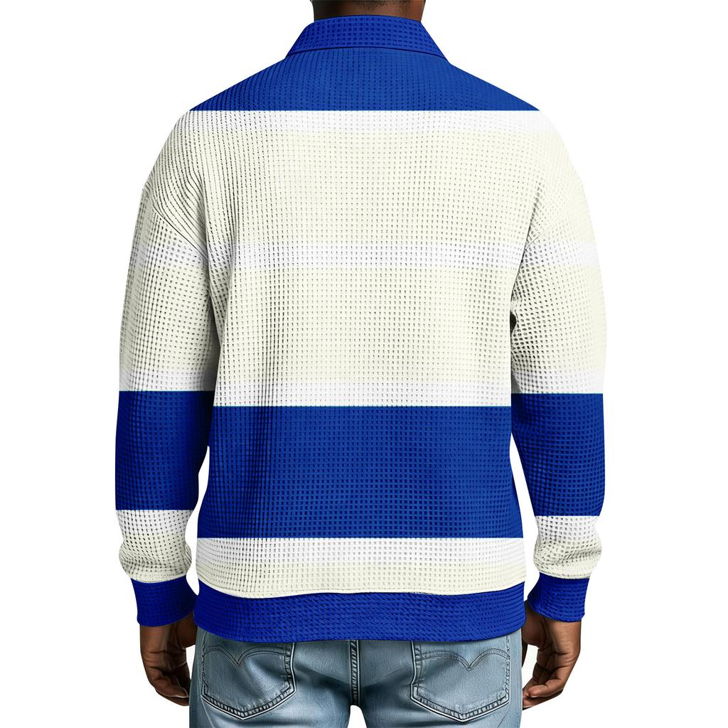 Men's Striped Single Breasted Long Sleeved Shirt With Collar And Pockets Casual Sports T,shirt