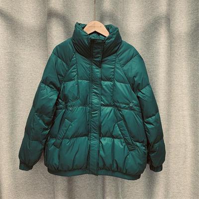 Women Fall Winter White Duck Down Jacket Coat Padded Short Stand Collar Full Sleeve Zipper Pocket Loose Thicken Solid Color