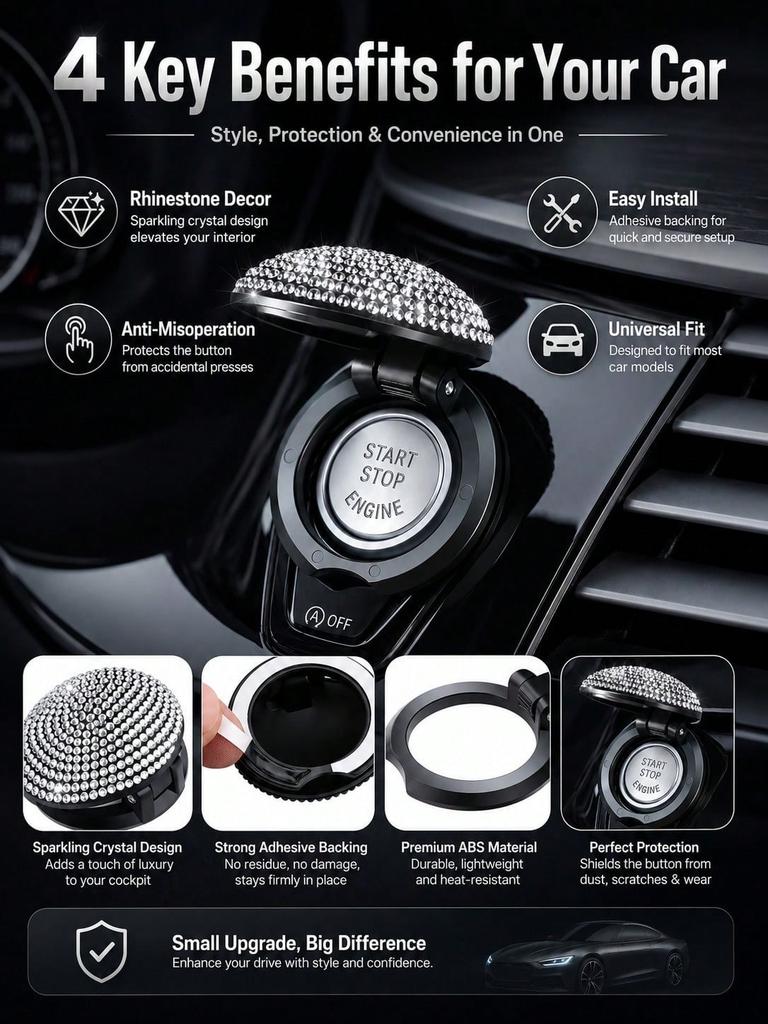 Diamond Crystal Car One Button Start Cover, Bling Ignition Switch Ring Sticker, Protective Decor Modification Accessories for Wo