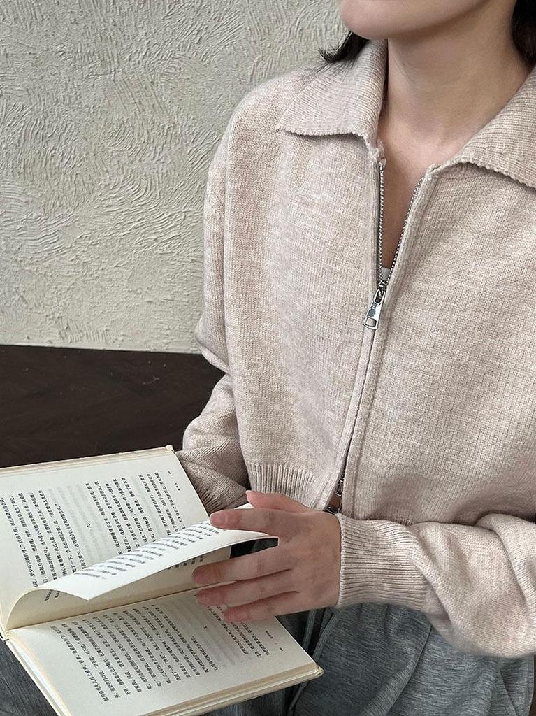 Lu Xi Women's High-End Short Knit Cardigan with Double Zipper & Polo Collar for Autumn