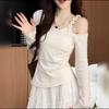 Off-the-Shoulder Floral Patchwork Long-Sleeve T-Shirt for Women, Spring/Autumn, Slimming Sweet & Spicy Design