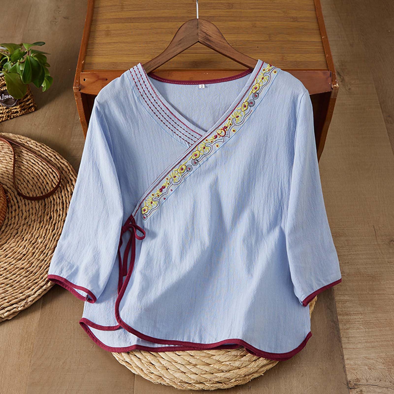 

Модная женская рубашка с рукавом пять четвертей, весна-лето, свободный верх, вышитая рубашка XXL фиолетовый