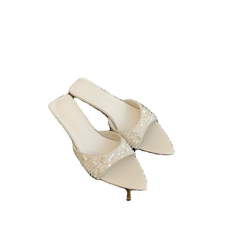 Fish Mouth Slippers Women's Rhinestone Shoes Pointed Fashion Black Beach New Sandals Sequins High Heels Silver Sandals