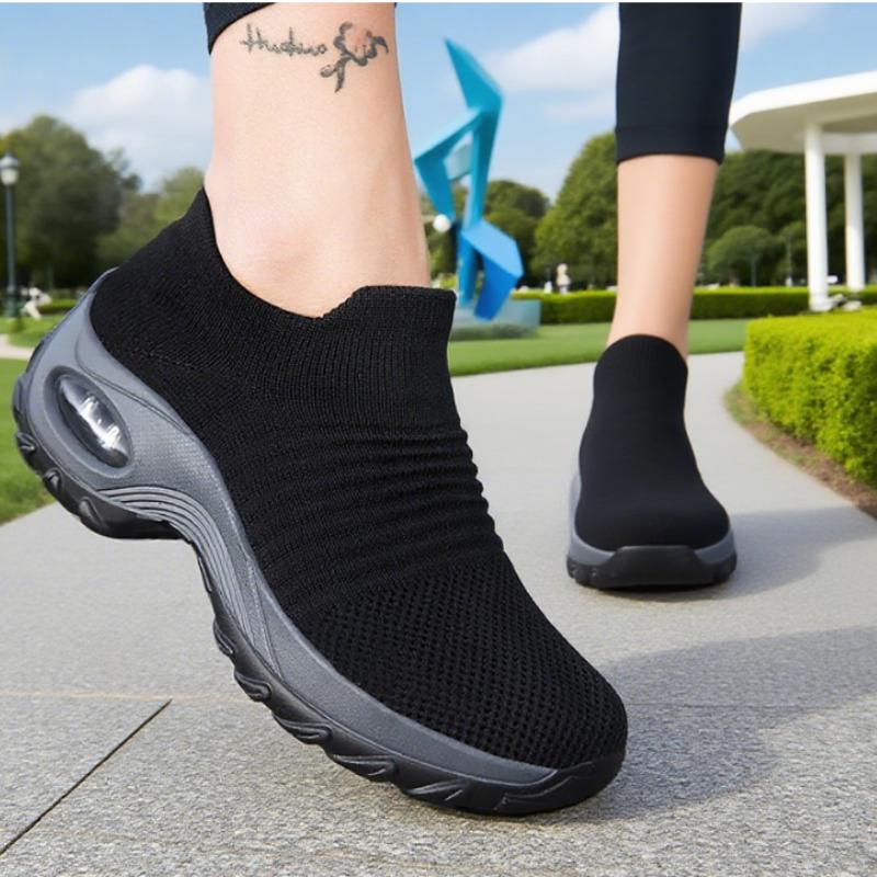 Women Black Walking Shoes Fashionable Comfortable Mesh Sneakers Breathable Thick Sole Anti Slip Sleeve Loafers Platform Sneakers