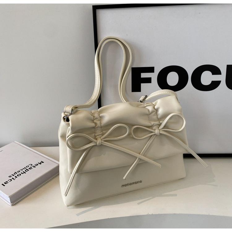Women Bowknot Pu Shoulder Bag Large Capacity Bag With Adjustable Shoulder Strap Shopping Bag Stylish Fashion Solid Color Handbag