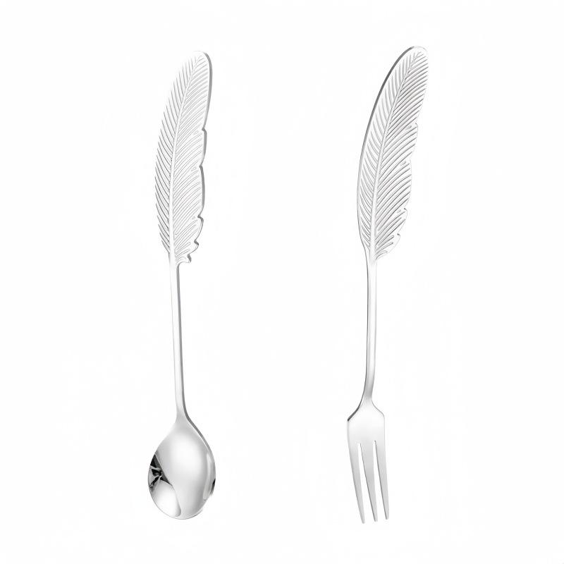 Colorful 304 Stainless Steel Feather Spoon & Fork Set for Desserts and Coffee