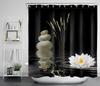 Spa Zen Duschvorhang, Grünes Blatt Zen Stein Bambus Meditationsdesign Stoff Badezimmer Vorhang Set Grüne und Weiße Duschvorhänge