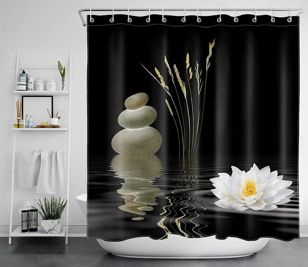 Spa Zen Duschvorhang, Grünes Blatt Zen Stein Bambus Meditationsdesign Stoff Badezimmer Vorhang Set Grüne und Weiße Duschvorhänge