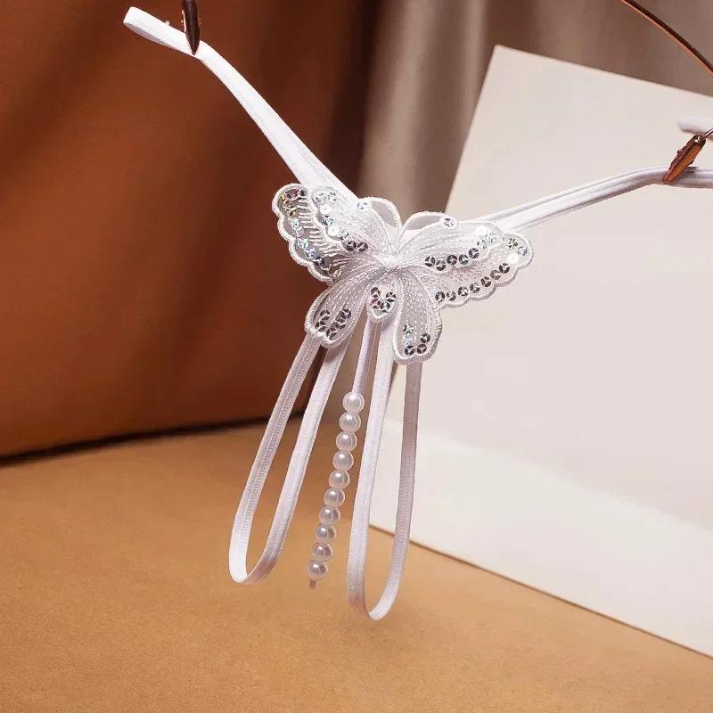 Embroidery Black Butterfly G-String Lace with Pearl Thongs T Back Temptation Open Crotch Panties for Women Sexy Erotic Costume