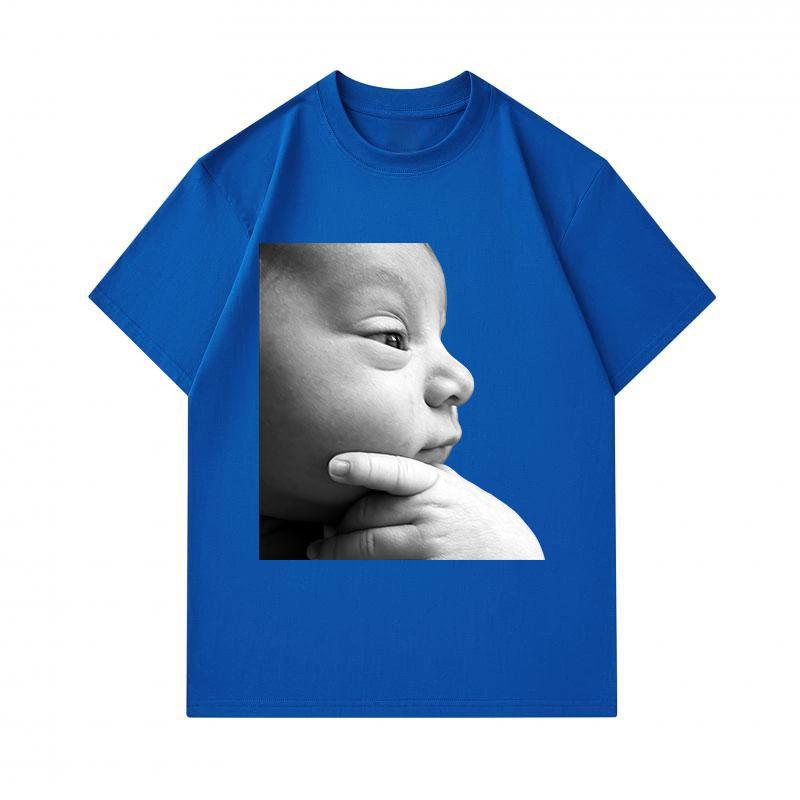 Men's 100% Cotton Crew Neck Short Sleeve T-Shirt, Cute Thoughtful Baby Portrait Print Casual Soft Breathable Tee for Daily Wear