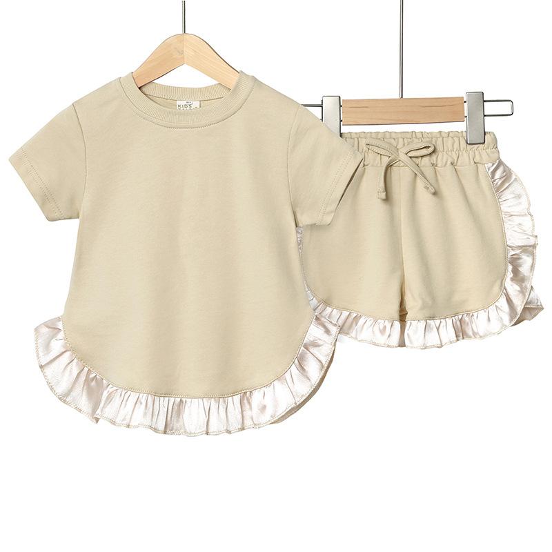 Sommer Mädchen Set Koreanischer Stil Mode Kurzärmeliges Spitzenoberteil Shorts Zweiteiliges Set
