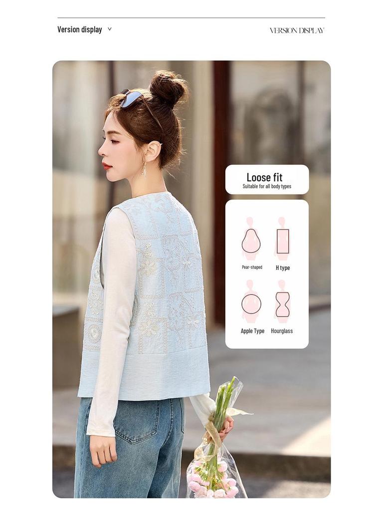 Spring 2025 Women's Embroidered Tang Suit Vest - Chic, Age-Defying Style