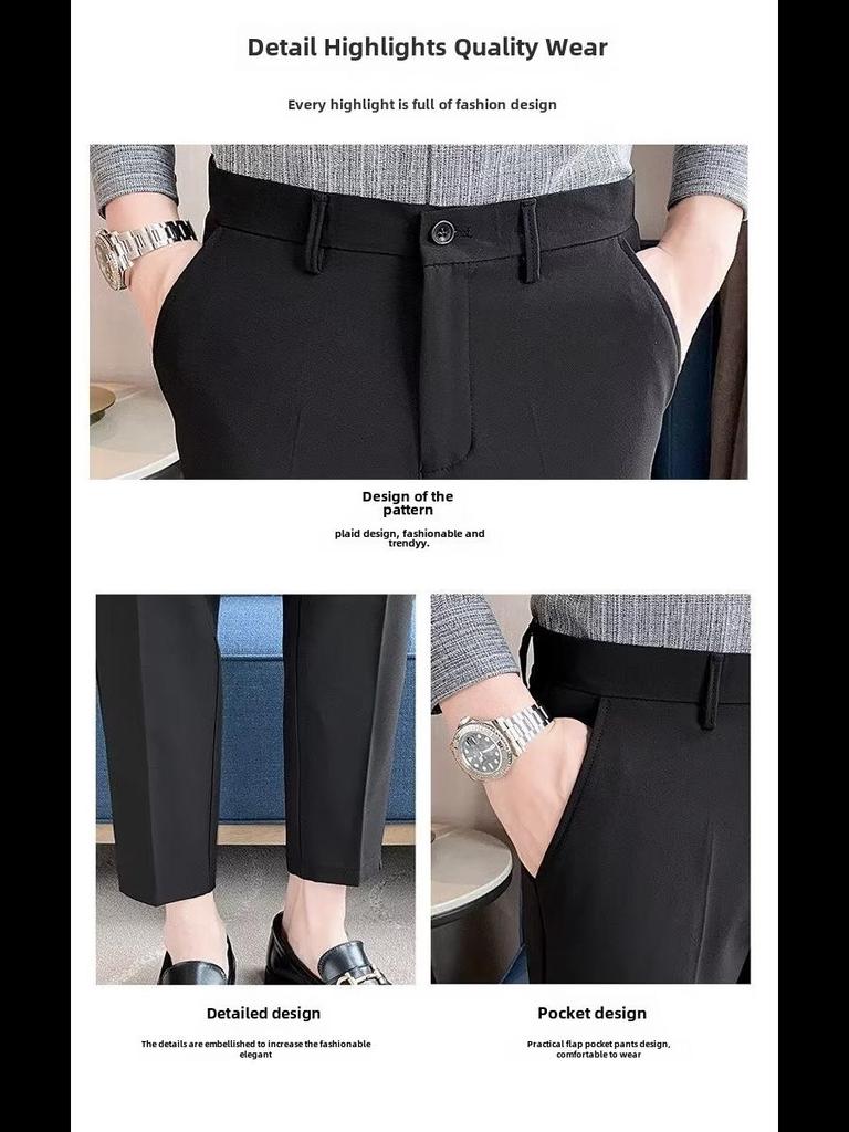 Men's Slim-Fit Striped Nine-Point Trousers - Casual Spring/Summer Business Attire