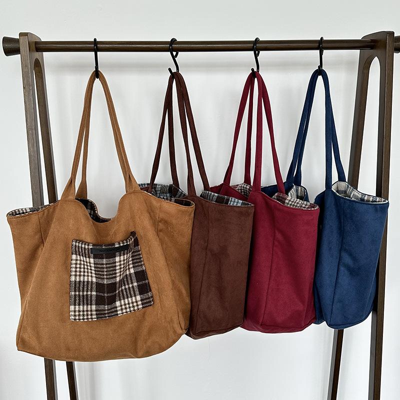 Double Sided Plaid Women's Woolen Shopping Bags College Girls Faux Suede Book Shoulder Bag Large Capacity Female Tote Handbags