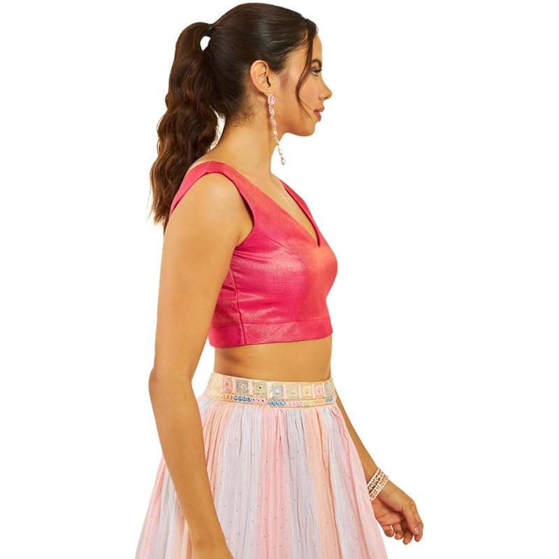 Soch Womens Fuchsia Tussar V-Neck Back-Open Sleeveless Blouse S розовый