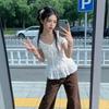 Korean Lace Splicing V-Neck Short Sleeve T-Shirt Women's Summer Slim Skinny Sweet Spice Girl Lace Up Versatile White Top