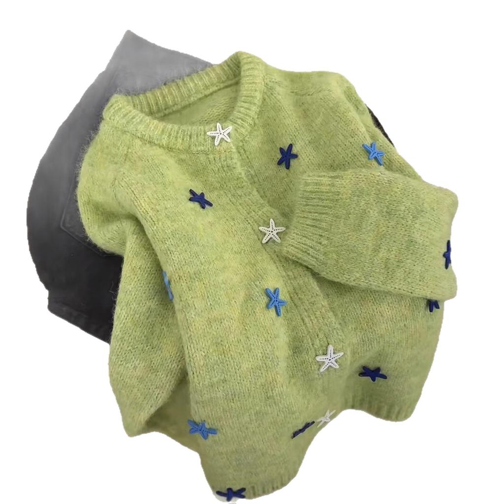 Atmosphere green star sweater jacket women's 1011 spring and autumn new soft waxy loose lazy wind knitted cardigan