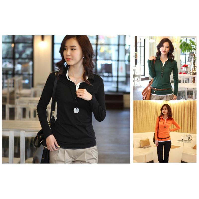Design Feeling Color Block Mock Two Piece T Shirt For Women With Stretch Cotton For Office Wear