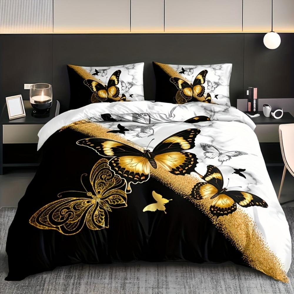 

3pcs Black White Golden Bedding Set Butterfly Print Cozy Duvet Cover King Queen Twin Size Birthday Gift for Adult Bedroom Decor EU Single 135x200cm