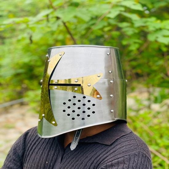 Templar Crusader Knight Helmet Medieval Great Helm, Larp And Cosplay Helmet ,Handmade Steel  Brass Cross Helmet , Collectible Gift