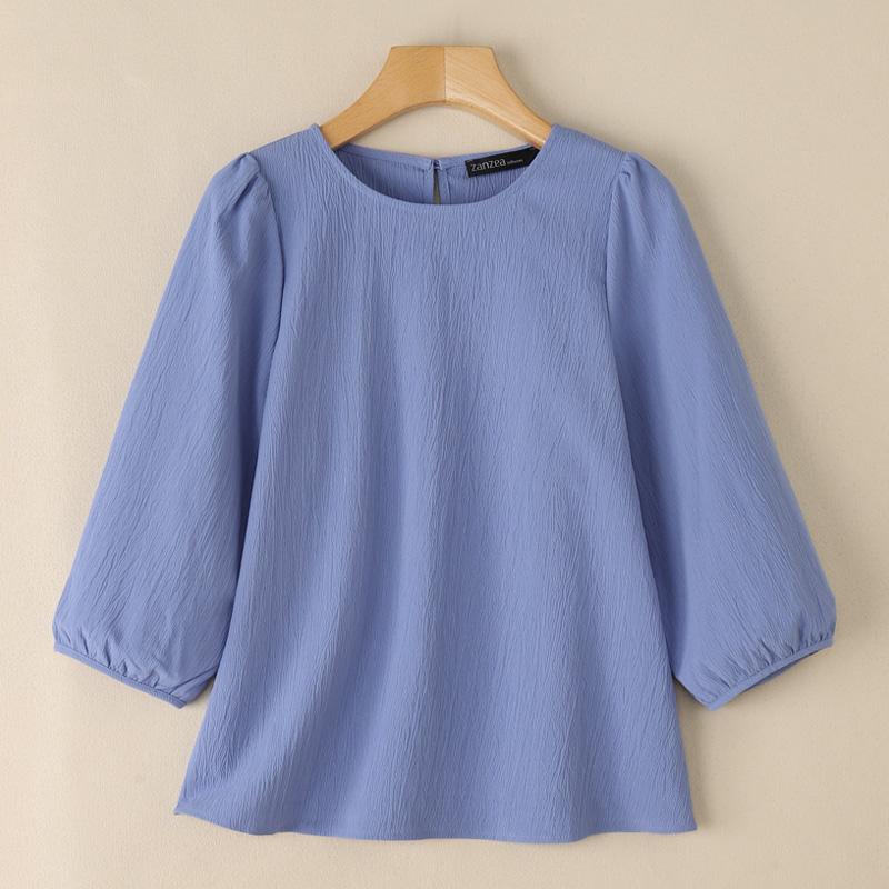 

ZANZEA Женская повседневная однотонная свободная блузка с круглым вырезом и рукавами 3/4 3XL синий