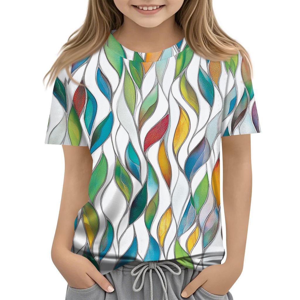 Summer Round Neck 3D Floral Printed Top Fashionable Casual Short Sleeved Children's Girl T-shirts