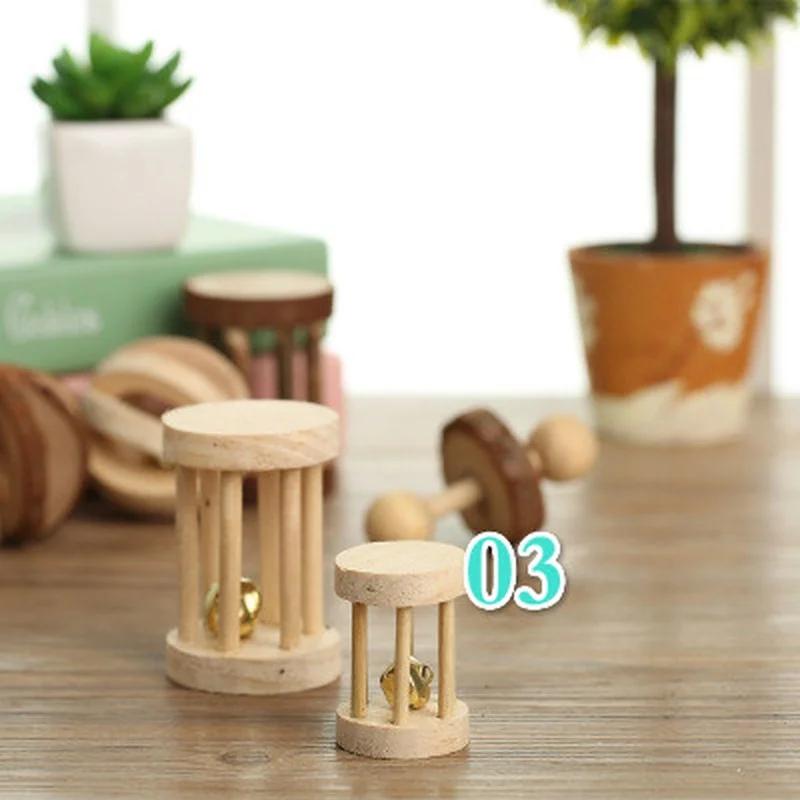 Rabbits Cute Natural 1pc Wooden Toys Pine Dumbbells Unicycle Bell Roller Chew Toys For Guinea Pig Rat Small Pet Molars Supplies