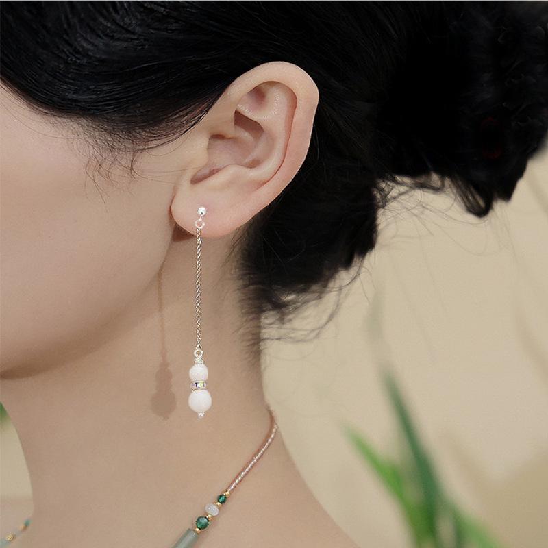 

925 Silver Queen Conch Double Pearl Fairy Dangle Earrings with Gourd Studs
