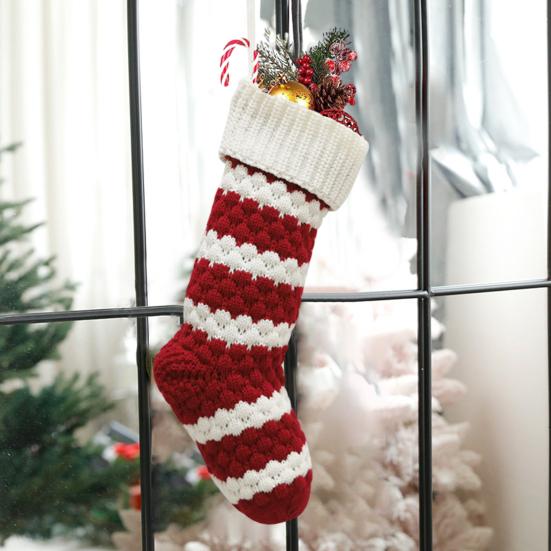 1Pc Christmas Stocking Knitted Red Green White Striped Large Capacity Reusable Xmas