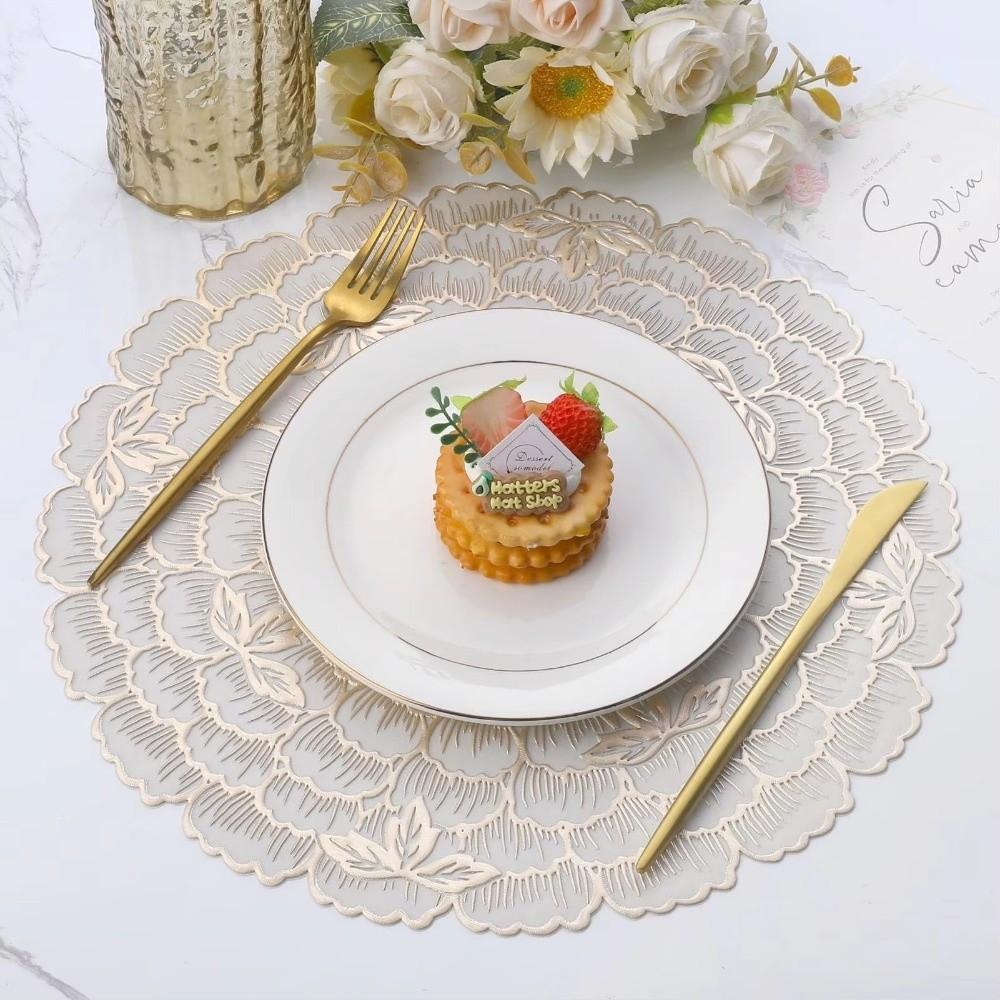 Creative Kitchen Round Placemats Gold PVC Place Mats Flower Leaf Washable Dining Table Mats Party Table Decorative