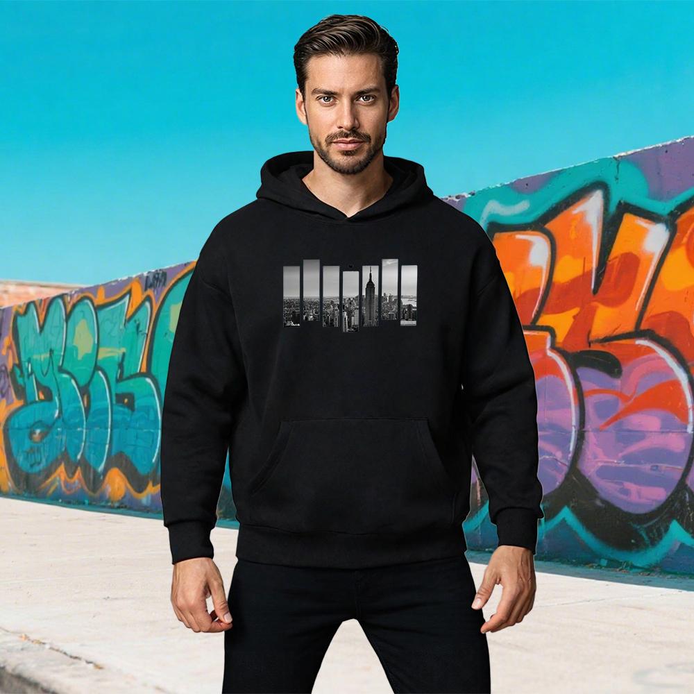Mens Autumn and Winter Casual Fashion Loose Plus Size Paris City Print Fleece Warm Pullover Long Sleeved Hooded Sweatshirt Women