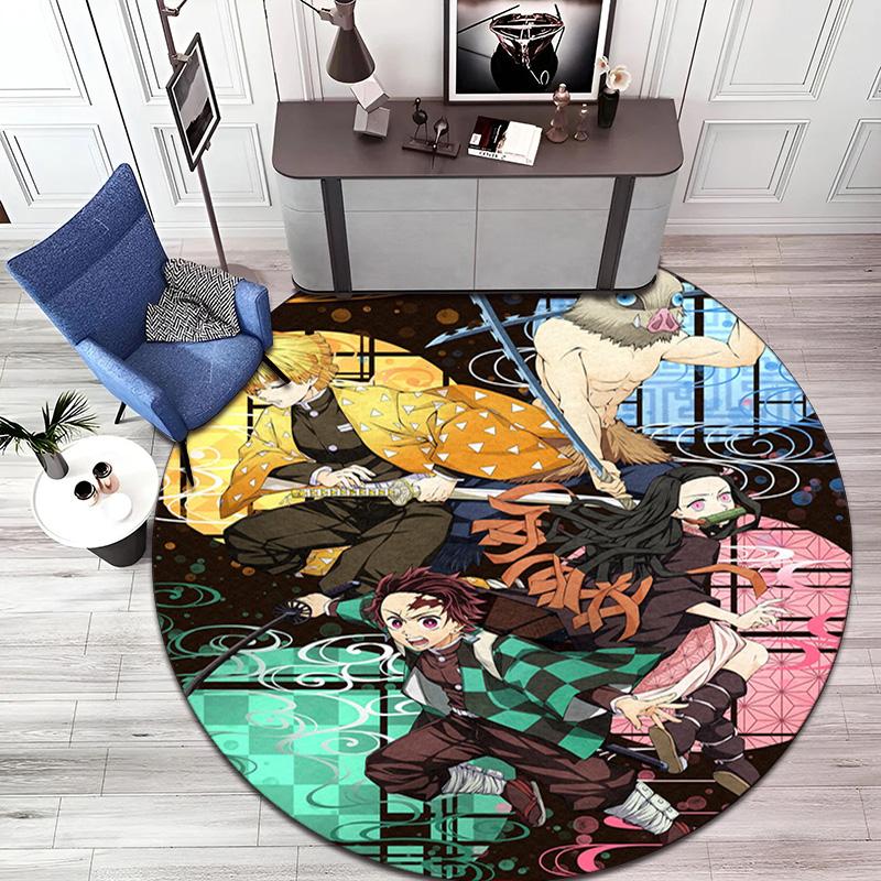 Classic Japanese-style Cartoon Demon Slayer Round Rug, Home Soft Decorative Anti-slip Yoga Mat and Chair Mat, Outdoor Floor Mat Carpet K10