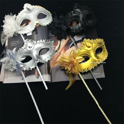 Venetian Princess Ball Handheld Mask Women Side Flower Mask with Holding Stick Mardi Gras Party Masquerade Feather Mask