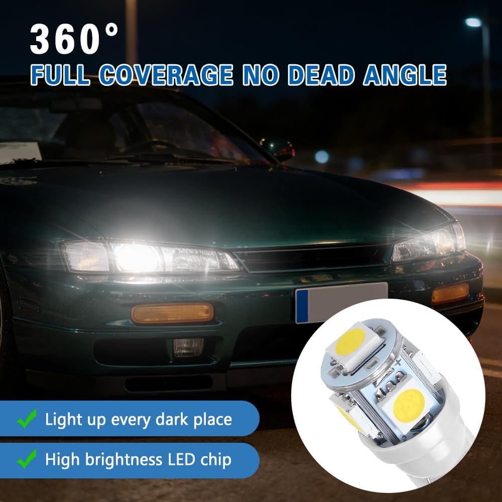 10PCS 194 LED Light Bulbs, License Plate Light Bulb, 6000K T10 168 2825 W5W 5SMD 5050 Chipsets Super Bright LED Replacement, 12V Wedge Bulb for Car