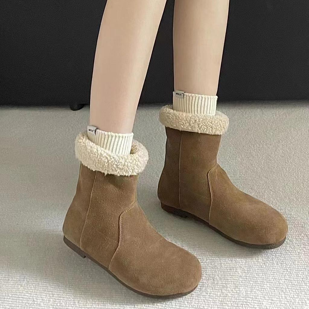 Two-wear leather snow boots women's winter 2025 new retro lamb wool short boots velvet cotton shoes