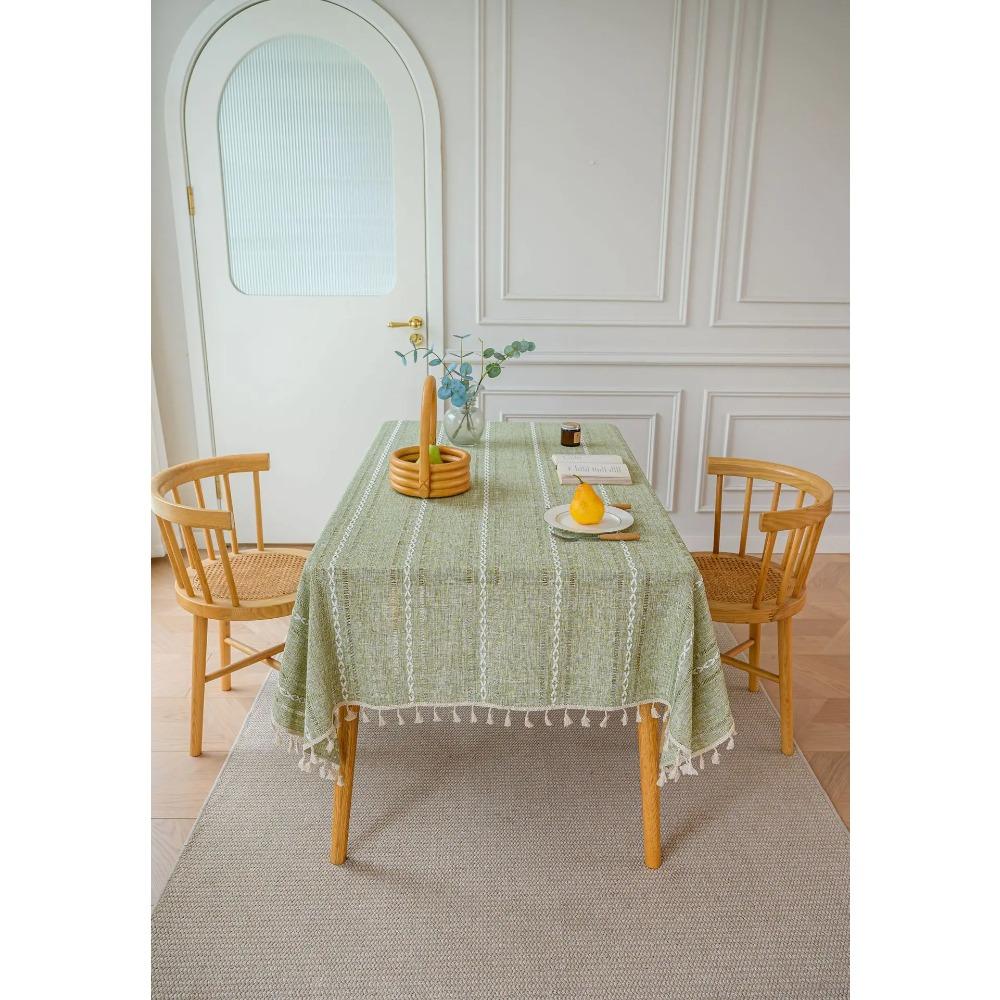 Cotton Linen Tablecloth With Tassels Waterproof Oilproof Tea Striped Table Cloth Thick Rectangular Wedding Dining Table Cover
