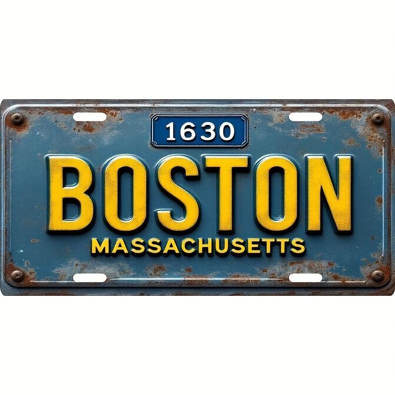 D Flat Boston Massachusetts Aluminum License Plate Rustic Blue Yellow Vintage Design with BOSTON MASSACHUSETTS Text 15x30cm(5.9x7.8inch)