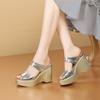 Factory Direct Sales Slope Heel Thick Bottom Leather Slippers Women's 2025 Summer Wear One Word Waterproof Table High Heel Fish Mouth Sandals