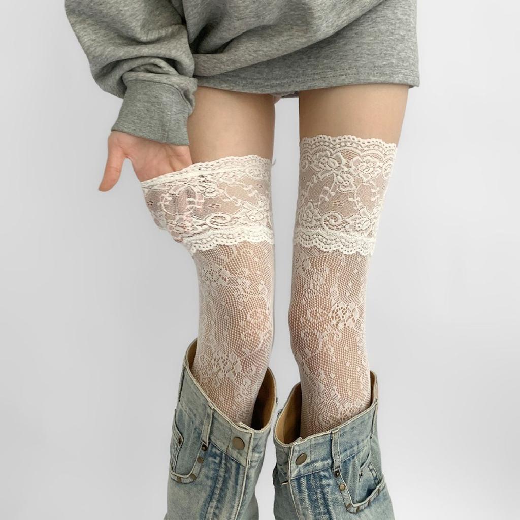 Spring And Summer Pure Lace Lace Boots Socks Retro Floral Fishnet Socks With Boots White Color Knee Socks Women