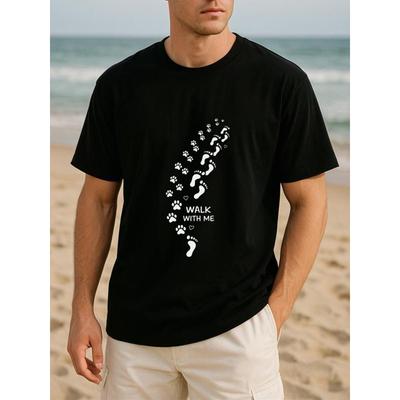 Europäische Größen „Walk with Me“ T-Shirt mit Tiermotiven (Pfotenabdruck) – Sommermode | Lässiges Herren-T-Shirt mit Rundhalsausschnitt