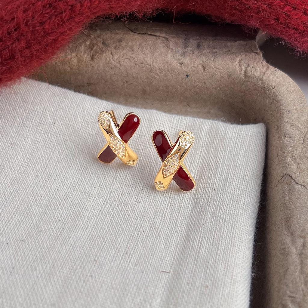 Ankela Red Fireworks Court-Style Love Heart Zirconia Stud Earrings - Wine Red Drip Glaze, Niche Luxury