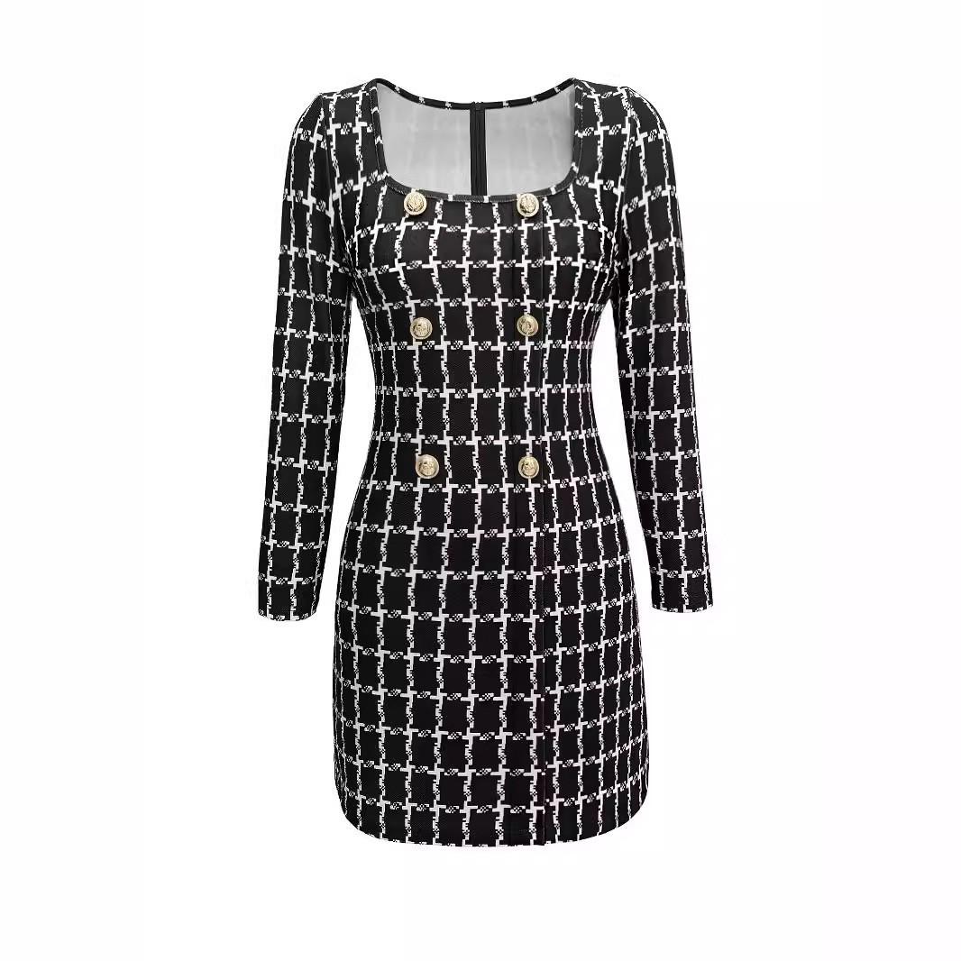 Skirt women s European and American women s clothing, new elegant commuter square collar plaid printed button decorative long-sleeved dress S